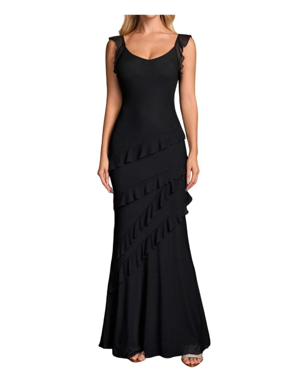 NWT XinFSh Medium Ruffle Maxi Dress Mesh Bodycon Long Formal Cocktail Party